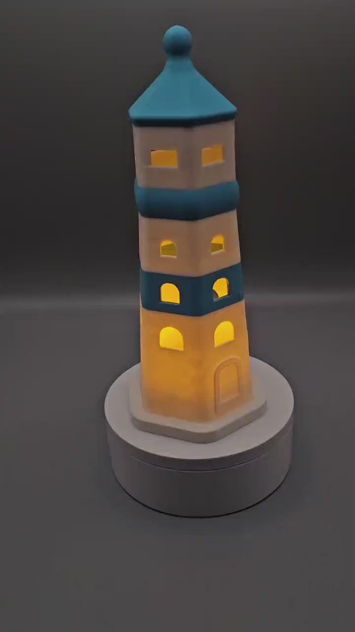 3D Printed Lighthouse Tealight: Beach Decor, Sky Blue Accents
